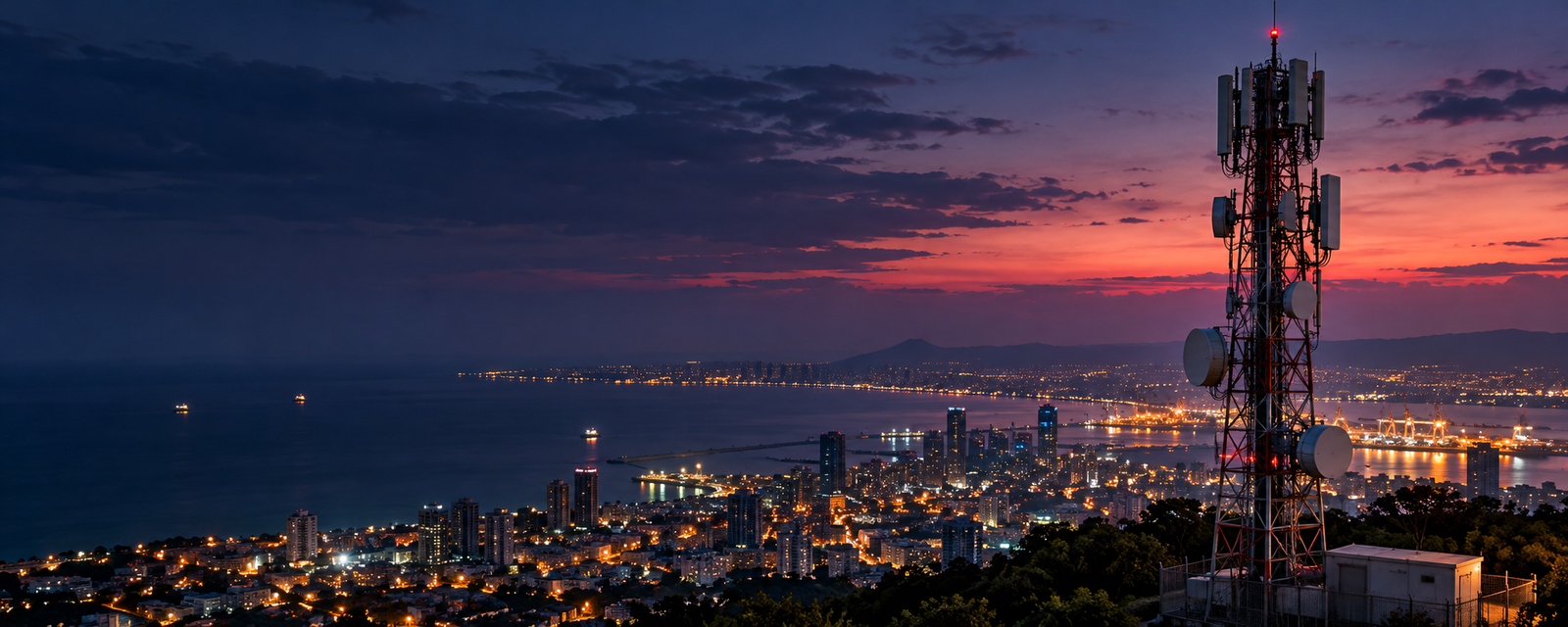 Telecom tower overlooking a city at dusk