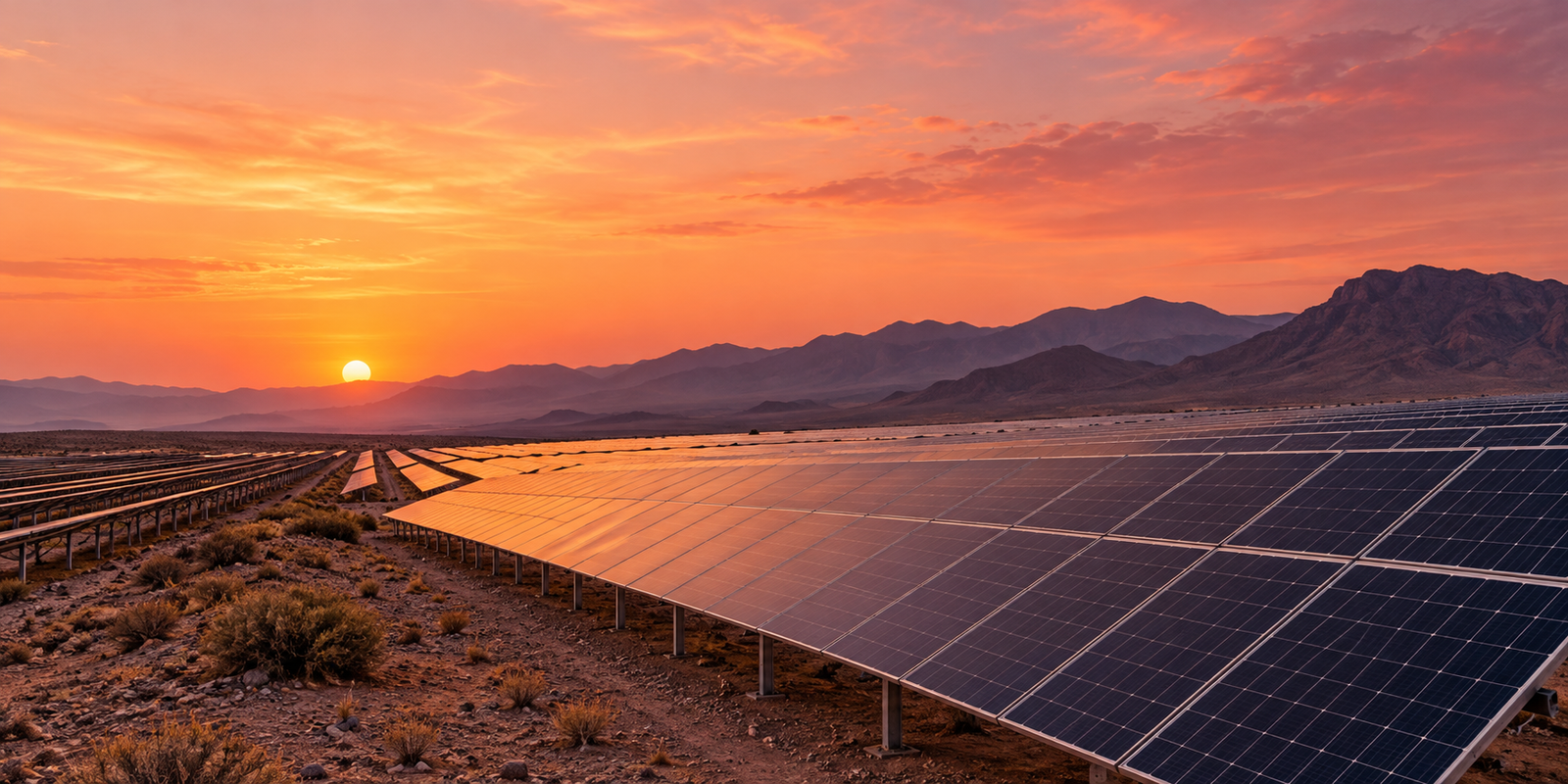 Solar installation in an arid landscape at sunset